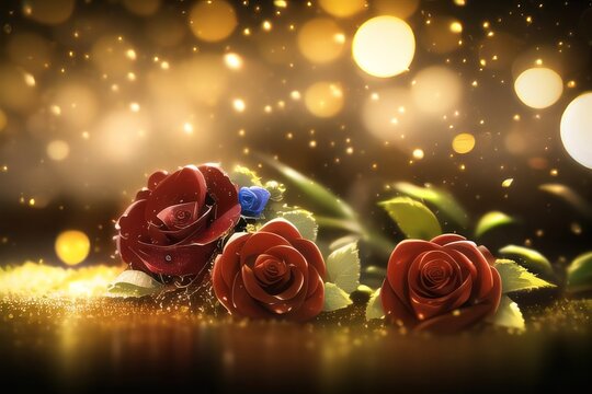  Bouquet Of Roses And Gold Droplets. Generative AI Technology