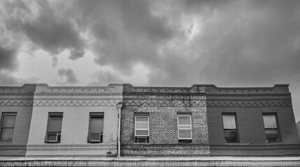 Old Brick Building with Overcast Sky in Black and White.