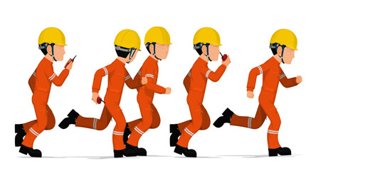 Many industrial workers are running on white background