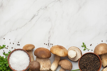 Culinary background with porcini mushrooms, wooden board and spices on a light gray background