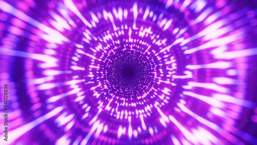 Poster round holographic structures. fly through mirror tunnel with neon pattern, glow lines form sci fi pa