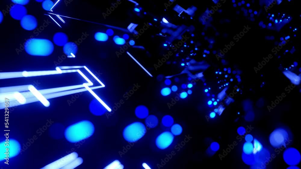 Poster neon light, sci-fi constructions, mysterious 3d objects and hologram. flight through hi-tech technol
