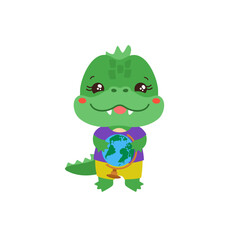 School student crocodile holding a globe. Social studies learning. Elementary pupil little dinosaur dragon amphibian animal. Primary school geography subject vector. Education clipart.