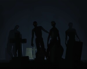 Group of Zombies emerging from the fog in a cemetery