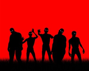 Zombies in silhouette against red background