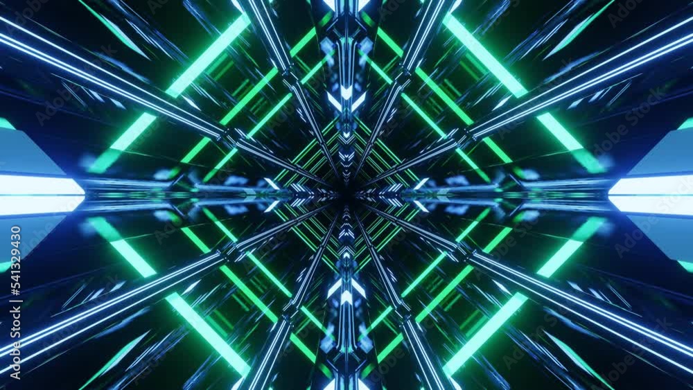 Poster glow sci fi symmetrical construction. vj loop trendy neon tunnel. hi tech neon tunel. sci-fi flight 