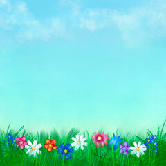 children's natural background, hand-drawn grass with flowers on a blue sky background