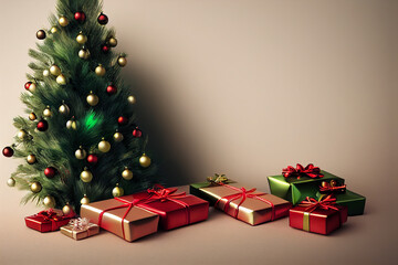 X-mas new year decoration. Christmas presents under the Christmas tree on white bg