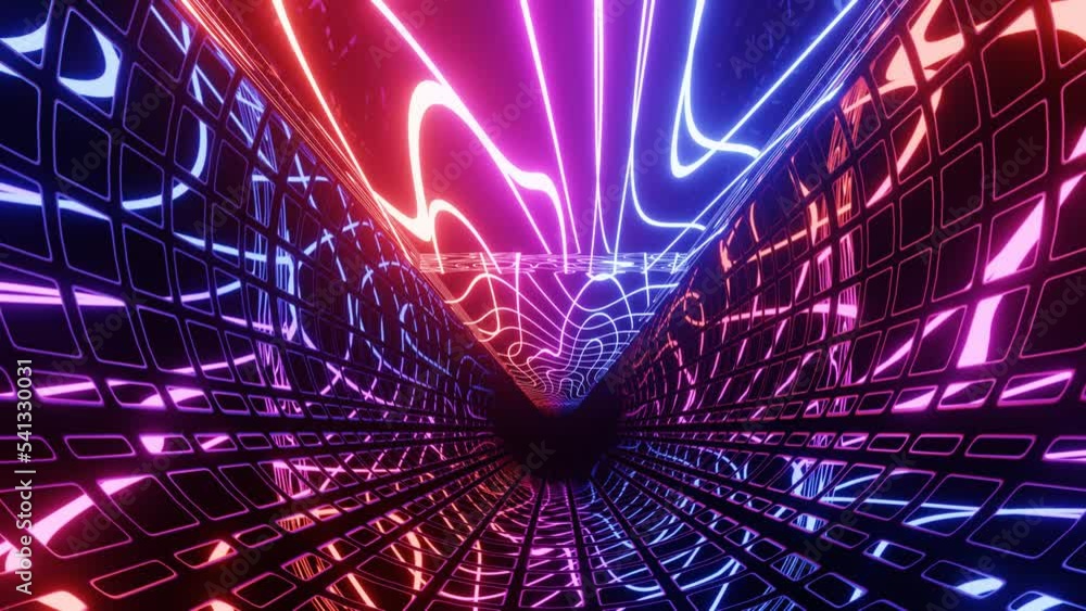 Aufkleber hi-tech neon sci-fi tunel. trendy neon glow lines form pattern and construction in mirror tunnel. sc