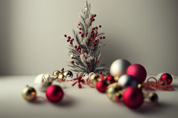 X-mas new year decoration. Christmas tree in snow with red and white balls on white bg