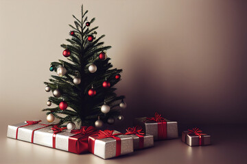 X-mas new year decoration. Christmas tree with silver Christmas presents underneath