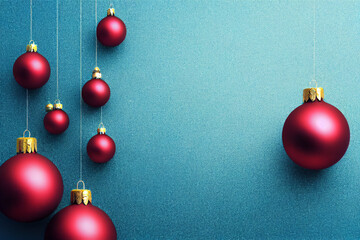 X-mas new year decoration. Hanging Red Christmas Balls on Christmas Tree with Blue bg
