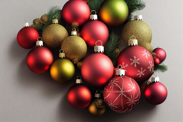 Christmas background, ball red, gold lying near New Year celebration