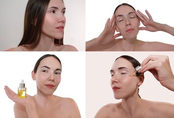 Set Photos of young woman with cosmetics against white background, collage. Serum, cosmetics oil,...