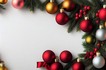 Fototapeta na wymiar Christmas background, ball red, white, yellow hanging near garland, New Year celebration