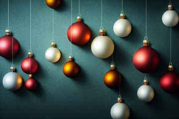 Christmas background, red, white, yellow ball hanging near, decorations. New Year's holiday