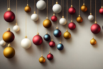 Red, white, yellow, blue Christmas balls. Christmas decorations, red, white, yellow, blue hanging