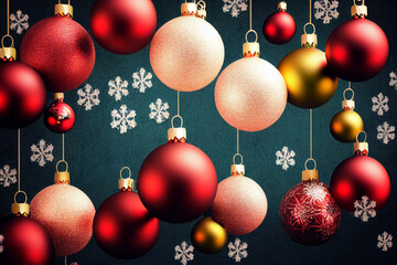 Christmas background, red, white, yellow ball hanging near, snowflake, New Year's holiday