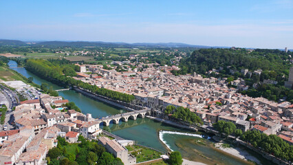 Fototapeta na wymiar Photo aérienne Sommière Gard France Languedoc , belle photo Occitanie Vidourle 