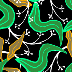 Nature seamless vector pattern with hand drawn twig, tree branch with leaves, tropical summer time. Ecological rural theme for poster print, wrapping paper, wallpaper, clothes textile, fabric design. © Berolina