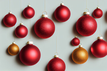 Christmas background, red and yellow ball hanging near, decorations. New Year's party