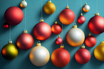 Christmas background, ball red, white, yellow hanging near, decorations. New Year's celebration