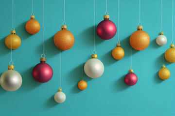 Christmas background, red, white, yellow ball hanging near, New Year's holiday