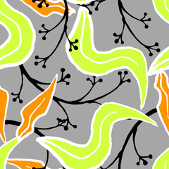 Nature seamless vector pattern with hand drawn twig, tree branch with leaves, tropical summer time. Ecological rural theme for poster print, wrapping paper, wallpaper, clothes textile, fabric design. © Berolina