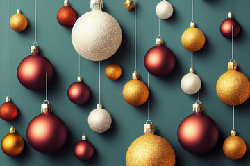 Christmas background, ball red, white, yellow hanging near, decorations. New Year's holiday