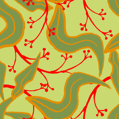 Obraz premium Nature seamless vector pattern with hand drawn twig, tree branch with leaves, tropical summer time. Ecological rural theme for poster print, wrapping paper, wallpaper, clothes textile, fabric design.
