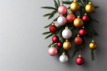Christmas red, white, yellow ball. New Year's holiday garland decorations, festive ball hanging