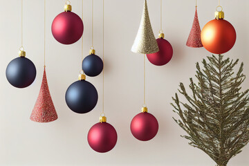 Red, yellow, blue Christmas balls. Christmas tree decorations, ball hanging