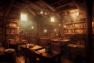 Fotobehang Concept art illustration of medieval tavern © Mikolaj Niemczewski