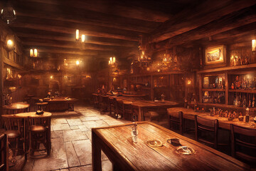 Concept art illustration of medieval tavern - obrazy, fototapety, plakaty