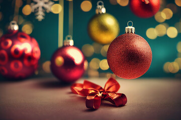 Christmas red, yellow ball. New Year's decorations, bows, red, yellow hanging