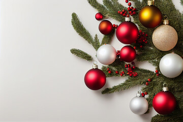 Fototapeta na wymiar Christmas red, white, yellow ball. New Year's holiday garland decorations, festive ball hanging