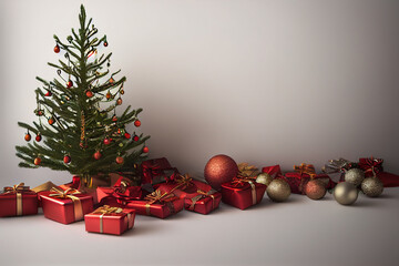 Christmas background red white yellow ball presents hanging lying tree decorations New Year holiday