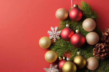 Fototapeta na wymiar Red, white, yellow ball hanging, Christmas decorations, ball, garland, snowflakes next to cones