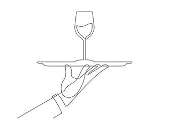Continuous line drawing of waiters man holding order glass wine on the tray. One line art concept of restaurant bar. Vector illustration