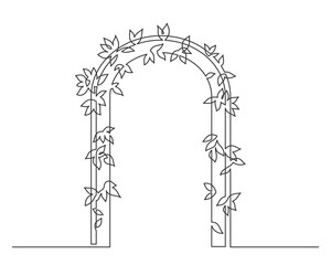 Continuous line drawing of arched entrance. Nice floral frame entrance. Emblem for fashion, beauty and jewellery, Wedding invitation. Vector illustration.
