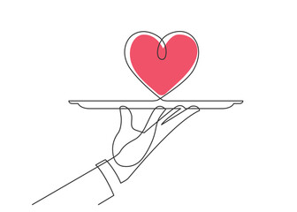 Continuous line drawing of waiters man holding heart on the tray. An offer of marriage. Vector illustration