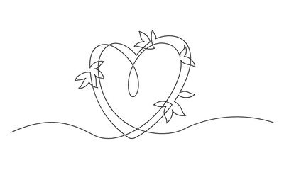 Continuous line drawing of romantic heart with leave. Nice floral frame emblem for fashion, beauty and jewellery, Wedding invitation. Vector illustration.
