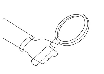 Continuous one single line of hand holding magnifying glass isolated on white background.