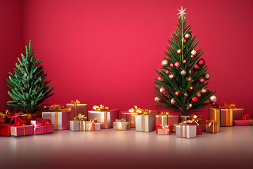 Christmas ball, presents red, white, yellow hanging. Christmas tree
