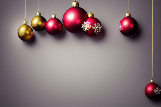 Christmas background, red, yellow ball hanging near, New Year's holiday