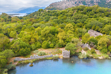 The ruins of the basilica in Butrint. Butrint National Park and Museum-Reserve. (Butrinti). Albania. Vlora. View from above. Drone shooting
