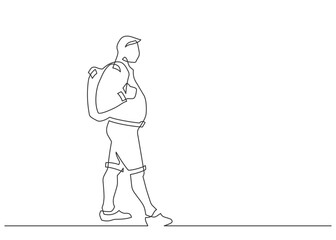 Continuous line drawing of traveling tourist with backpack. Character man doing hiking. Vector illustration.