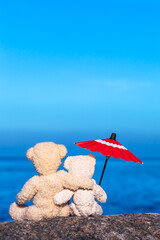 Nostalgic Friendship Hug at Sea / Teddy bear friends sitting on stone at seaside arm in arm with old parasol (copy space)