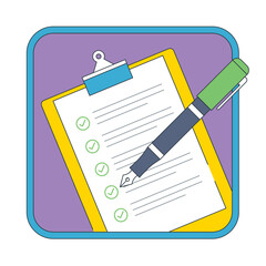 Clipboard with a checklist on a white sheet of paper and pen. Check list, to do, questionnaire, report, feedback document concept. Checklist document icon in flat design vector.