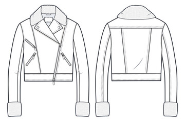 Unisex Biker Jacket with Faux Fur technical fashion illustration. Sheepskin Coat fashion flat technical drawing template, front and back view, white color, women, men, unisex CAD mockup.